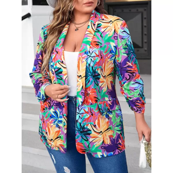 WDIRARA Women's Plus Size Floral Print Blazer Button Open Front Long Sleeve Jacket Multicolor