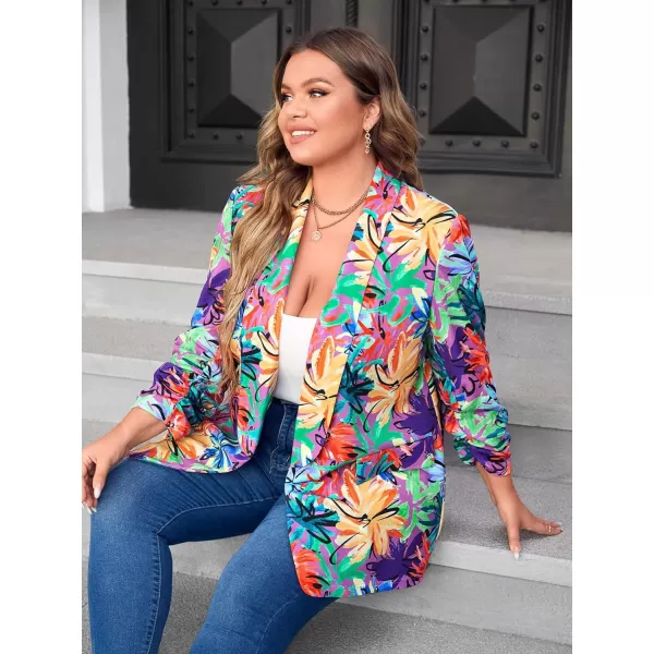 WDIRARA Women's Plus Size Floral Print Blazer Button Open Front Long Sleeve Jacket Multicolor