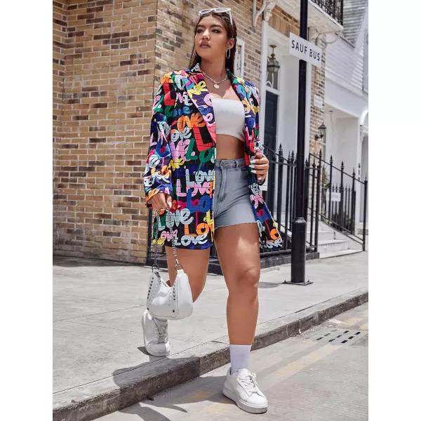 WDIRARA Women's Plus Size Floral Print Blazer Button Open Front Long Sleeve Jacket Multicolor