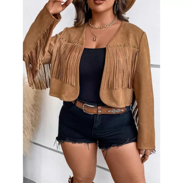 WDIRARA Women's Plus Size Fringe Trim Open Front Crop Jackets Long Sleeve Solid Suedette Jacket