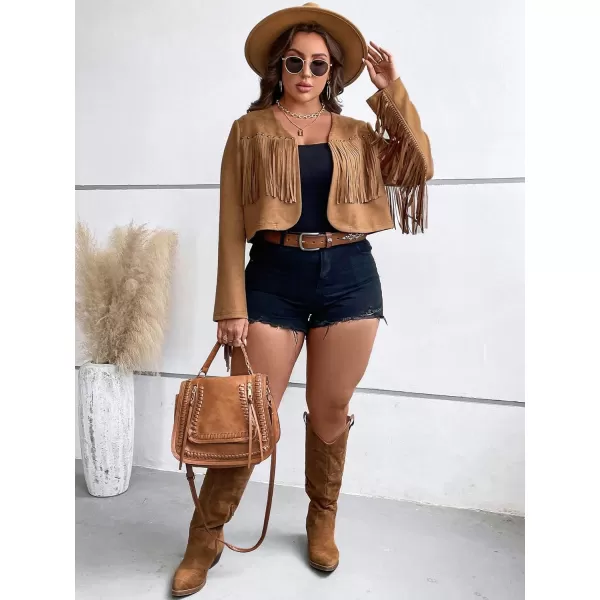 WDIRARA Women's Plus Size Fringe Trim Open Front Crop Jackets Long Sleeve Solid Suedette Jacket