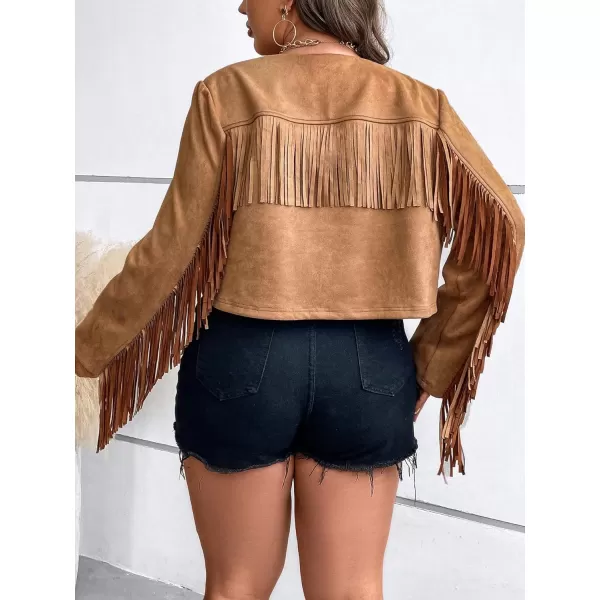 WDIRARA Women's Plus Size Fringe Trim Open Front Crop Jackets Long Sleeve Solid Suedette Jacket