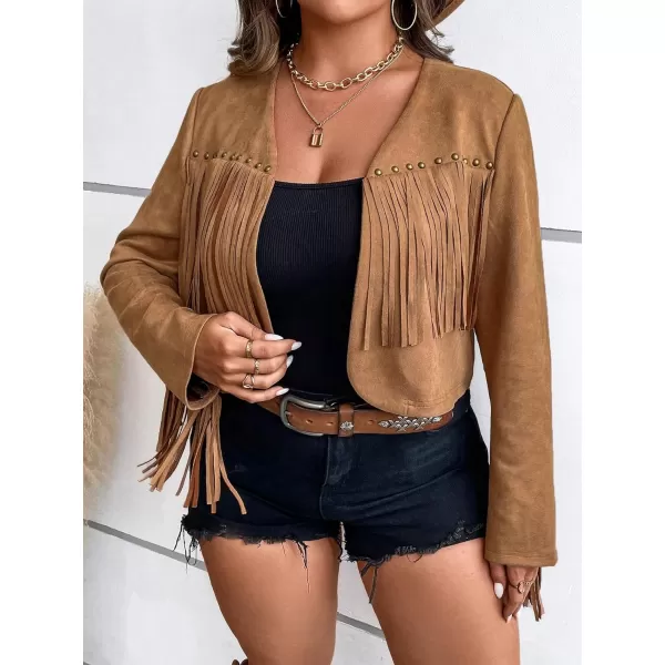 WDIRARA Women's Plus Size Fringe Trim Open Front Crop Jackets Long Sleeve Solid Suedette Jacket