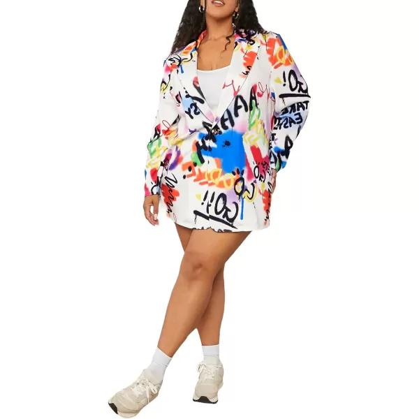 WDIRARA Women's Plus Size Graffiti Print Suits Letter Graphic Lapel Neck Long Sleeve Single Button Knitted Blazer