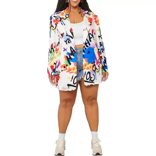 WDIRARA Women's Plus Size Graffiti Print Suits Letter Graphic Lapel Neck Long Sleeve Single Button Knitted Blazer