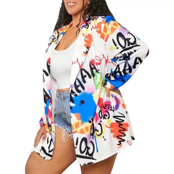 WDIRARA Women's Plus Size Graffiti Print Suits Letter Graphic Lapel Neck Long Sleeve Single Button Knitted Blazer