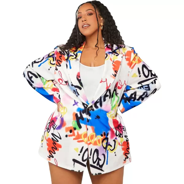 WDIRARA Women's Plus Size Graffiti Print Suits Letter Graphic Lapel Neck Long Sleeve Single Button Knitted Blazer