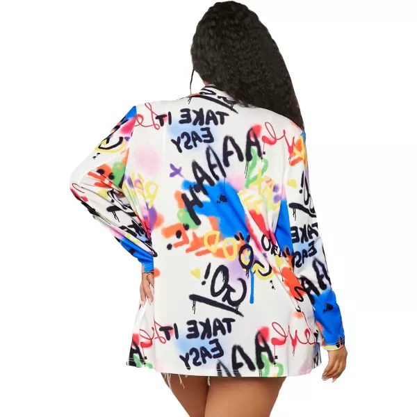 WDIRARA Women's Plus Size Graffiti Print Suits Letter Graphic Lapel Neck Long Sleeve Single Button Knitted Blazer