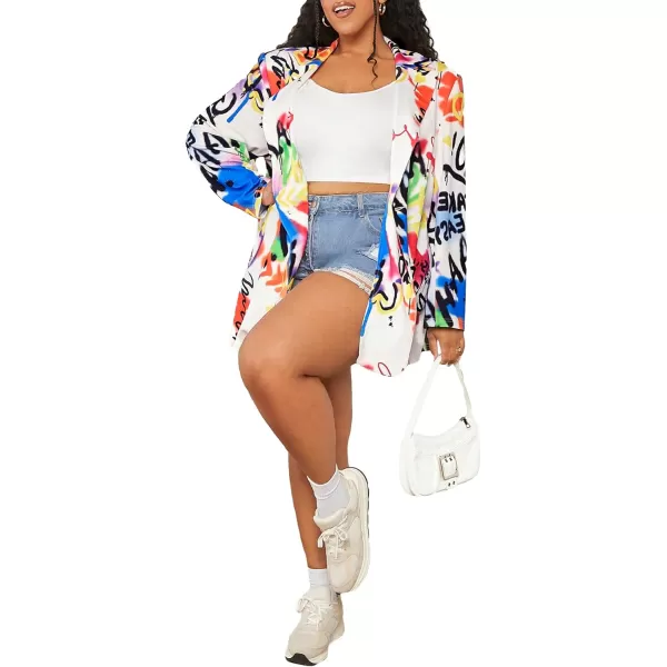 WDIRARA Women's Plus Size Graffiti Print Suits Letter Graphic Lapel Neck Long Sleeve Single Button Knitted Blazer
