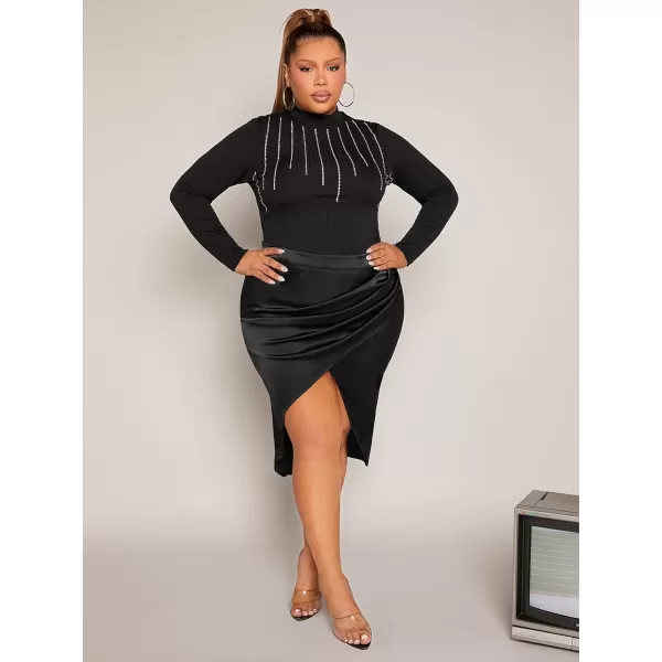 WDIRARA Women's Plus Size High Waist Ruched Wrap Asymmetrical Hem Satin Midi Skirt