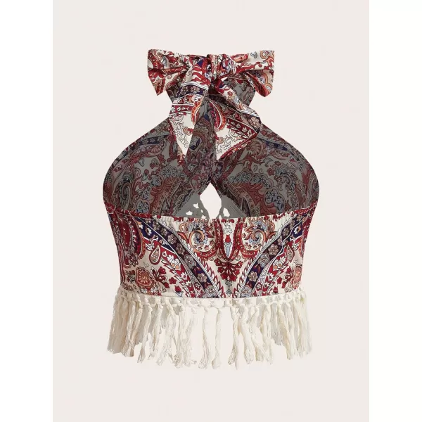 WDIRARA Women's Plus Size Paisley Print Crisscross Sleeveless Fringe Trim Tie Back Crop Halter Top