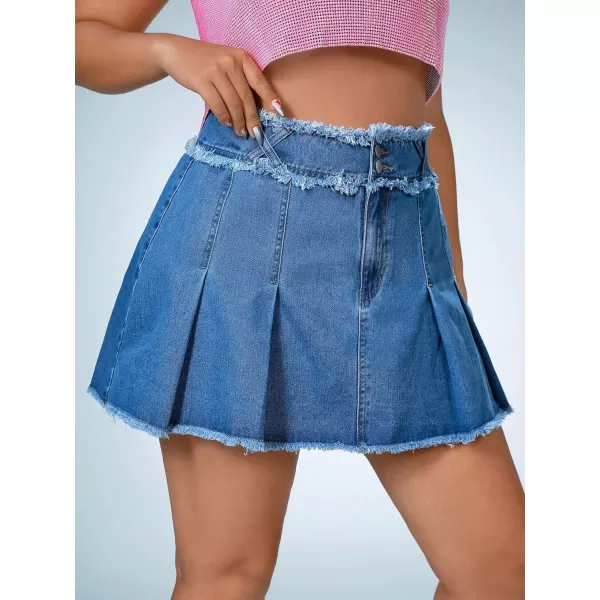 WDIRARA Women's Raw Trim Pleated Plus Size High Waisted Button Front Casual Mini Denim Skirts