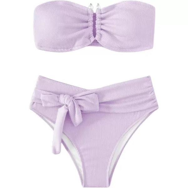WDIRARA Women's 2 Piece Bikini Set Rib Knit Strapless Knot Front High Waist Swimsuit Set