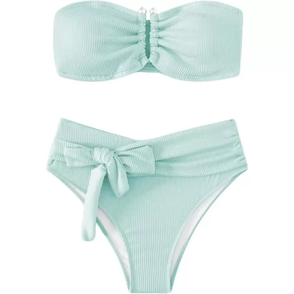 WDIRARA Women's 2 Piece Bikini Set Rib Knit Strapless Knot Front High Waist Swimsuit Set