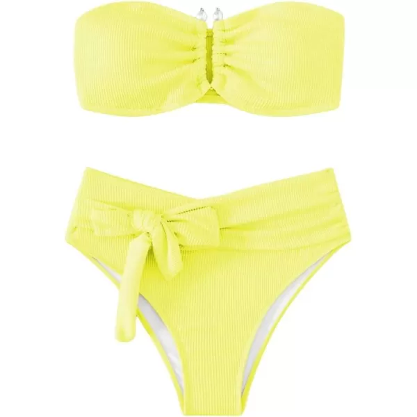 WDIRARA Women's 2 Piece Bikini Set Rib Knit Strapless Knot Front High Waist Swimsuit Set