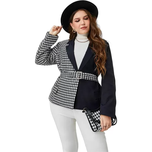 WDIRARA Women's Plus Size Colorblock Long Sleeve Houndstooth Belted Blazer Jacket