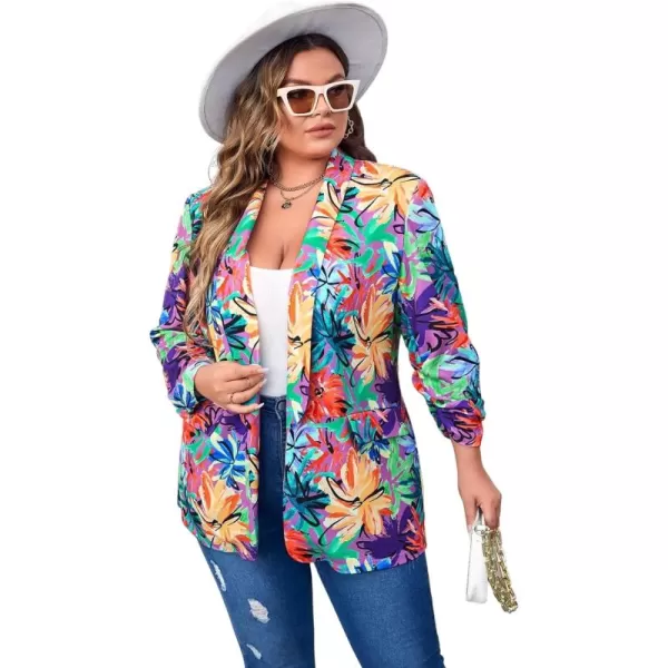 WDIRARA Women's Plus Size Floral Print Blazer Button Open Front Long Sleeve Jacket Multicolor