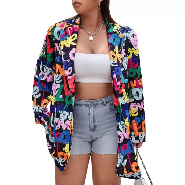 WDIRARA Women's Plus Size Floral Print Blazer Button Open Front Long Sleeve Jacket Multicolor