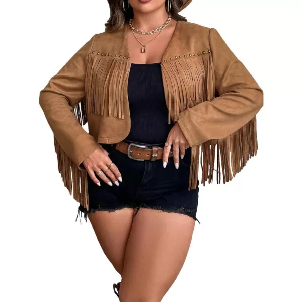 WDIRARA Women's Plus Size Fringe Trim Open Front Crop Jackets Long Sleeve Solid Suedette Jacket