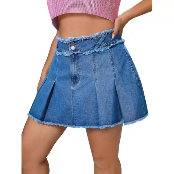 WDIRARA Women's Raw Trim Pleated Plus Size High Waisted Button Front Casual Mini Denim Skirts
