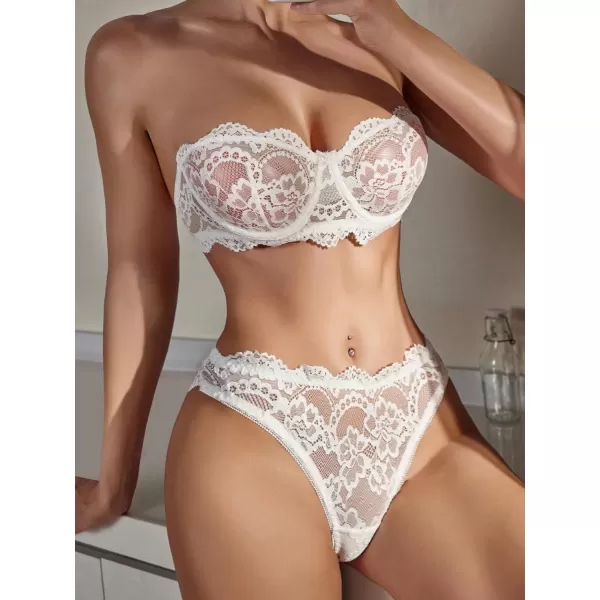 WDIRARA Women's 2 Piece Exotic Lingerie Set Lace Mesh Sheer Strapless Bra and Panty Set