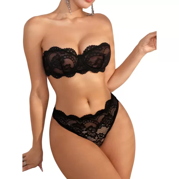 WDIRARA Women's 2 Piece Exotic Lingerie Set Lace Mesh Sheer Strapless Bra and Panty Set