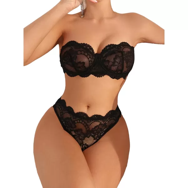 WDIRARA Women's 2 Piece Exotic Lingerie Set Lace Mesh Sheer Strapless Bra and Panty Set