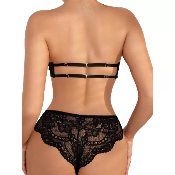 WDIRARA Women's 2 Piece Exotic Lingerie Set Lace Mesh Sheer Strapless Bra and Panty Set