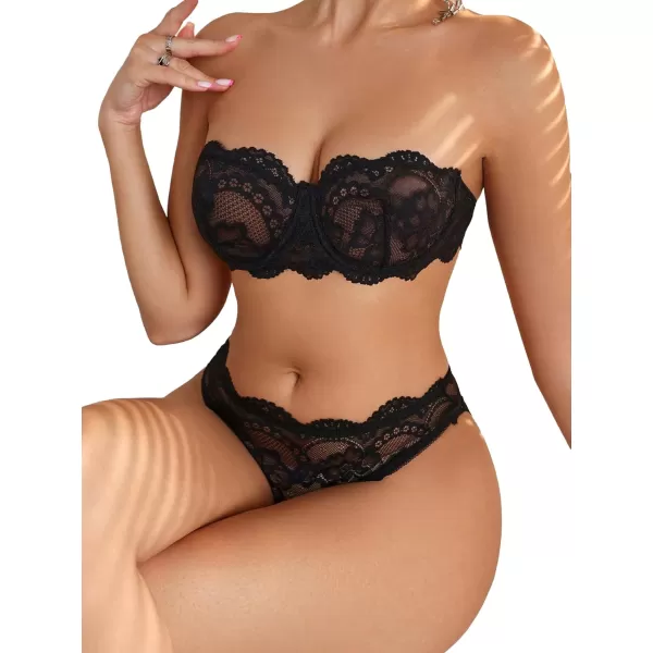 WDIRARA Women's 2 Piece Exotic Lingerie Set Lace Mesh Sheer Strapless Bra and Panty Set