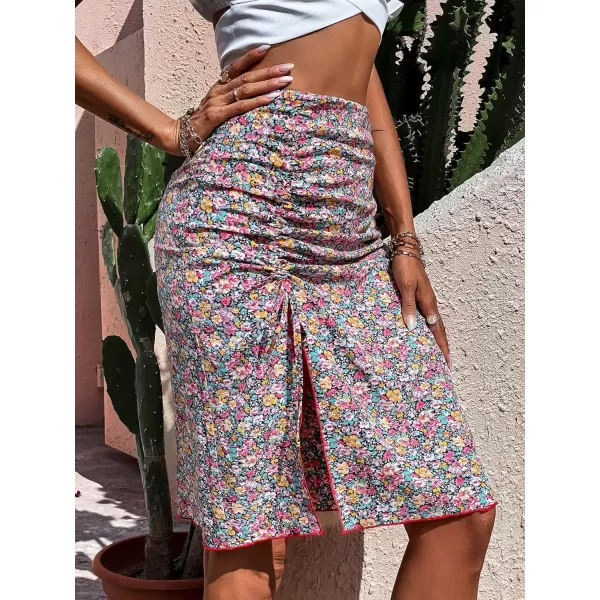 WDIRARA Women's Floral Print High Rise Ruched Drawstring Split Hem Midi Skirt