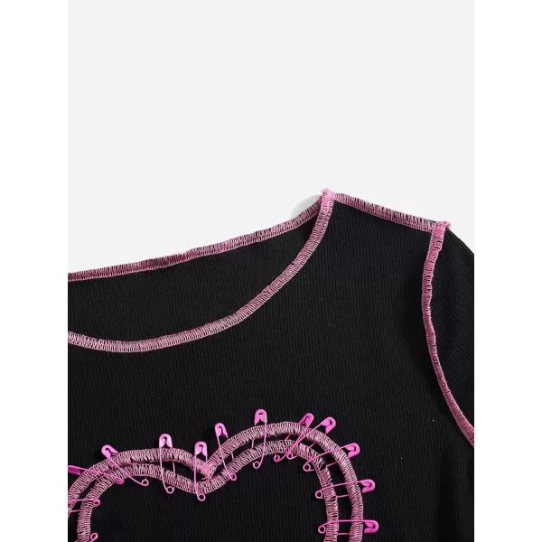 WDIRARA Women's Heart Pattern Short Sleeve Lettuce Trim Rib Knit Crop Tee T Shirt