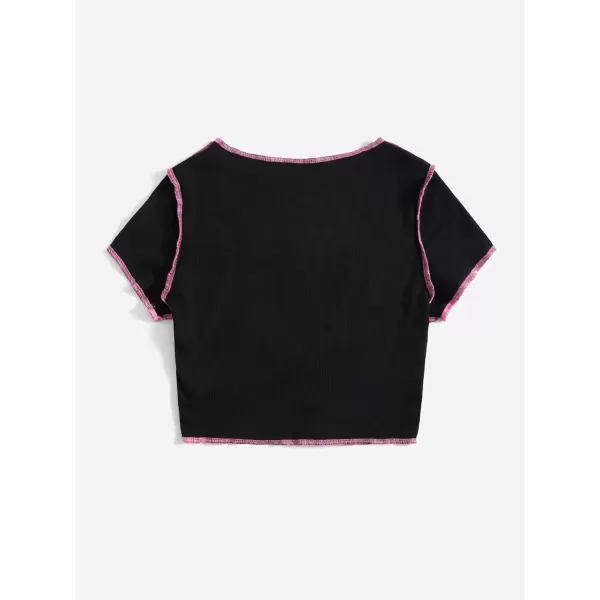 WDIRARA Women's Heart Pattern Short Sleeve Lettuce Trim Rib Knit Crop Tee T Shirt