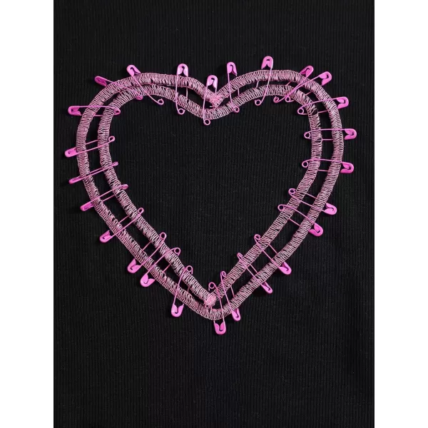 WDIRARA Women's Heart Pattern Short Sleeve Lettuce Trim Rib Knit Crop Tee T Shirt