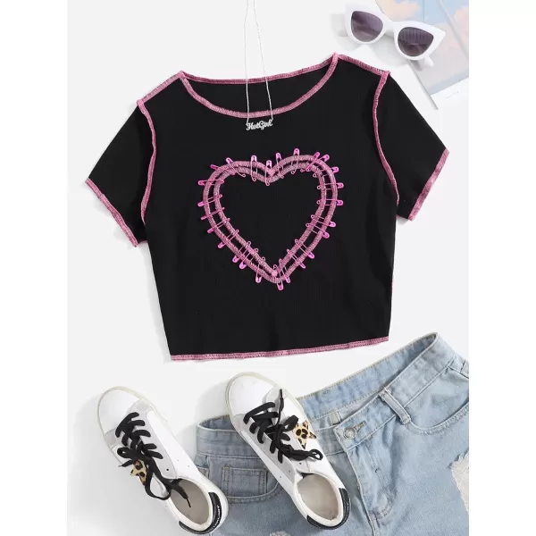 WDIRARA Women's Heart Pattern Short Sleeve Lettuce Trim Rib Knit Crop Tee T Shirt