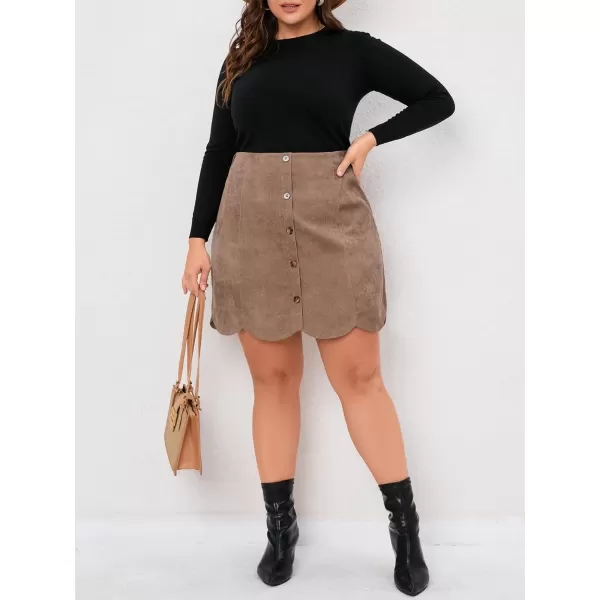 WDIRARA Women's Plus Size Corduroy Scallop Trim High Waist A Line Button Front Mini Skirt