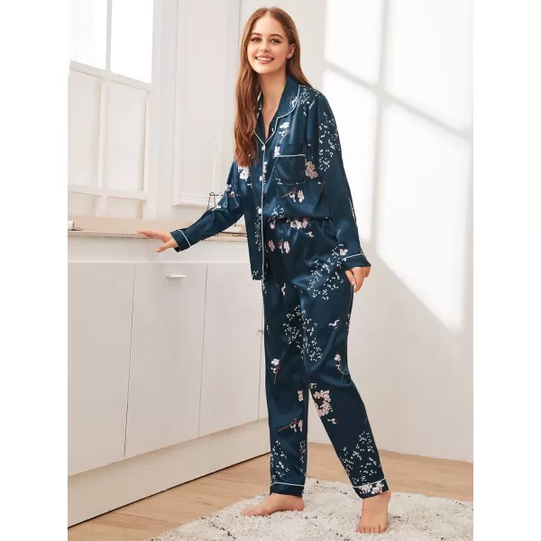 WDIRARA Women's Sleepwear 2 Piece Floral Print Button Up Shirt and Pants Satin Pajama Set