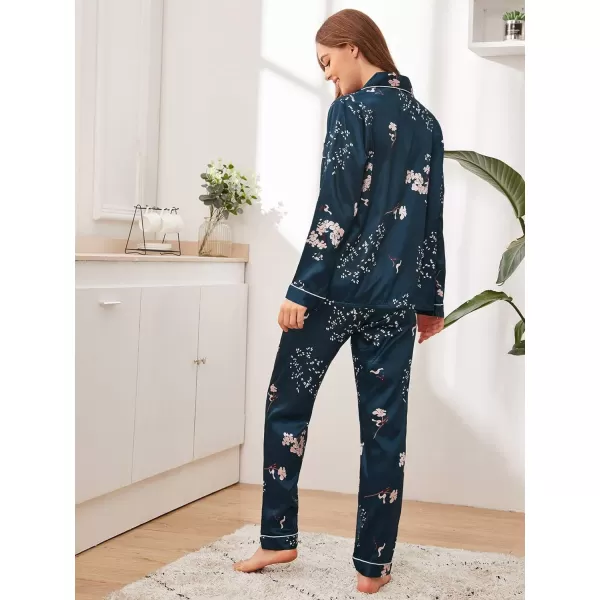 WDIRARA Women's Sleepwear 2 Piece Floral Print Button Up Shirt and Pants Satin Pajama Set