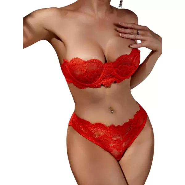 WDIRARA Women's 2 Piece Exotic Lingerie Set Lace Mesh Sheer Strapless Bra and Panty Set