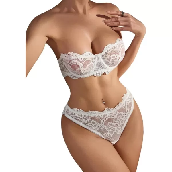 WDIRARA Women's 2 Piece Exotic Lingerie Set Lace Mesh Sheer Strapless Bra and Panty Set