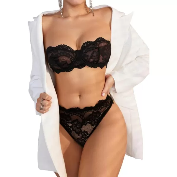 WDIRARA Women's 2 Piece Exotic Lingerie Set Lace Mesh Sheer Strapless Bra and Panty Set