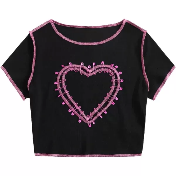 WDIRARA Women's Heart Pattern Short Sleeve Lettuce Trim Rib Knit Crop Tee T Shirt