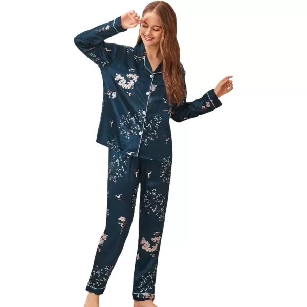WDIRARA Women's Sleepwear 2 Piece Floral Print Button Up Shirt and Pants Satin Pajama Set