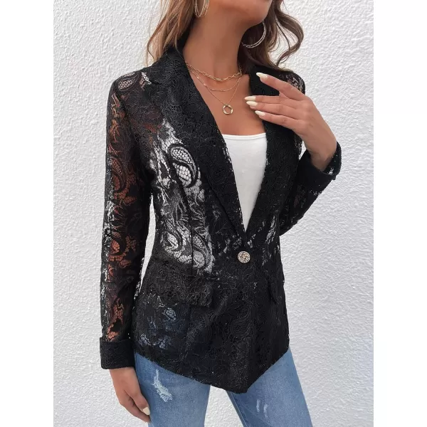 WDIRARA Women's Lace Open Front Long Sleeve Sheer Elegant Casual Blazer Jacket