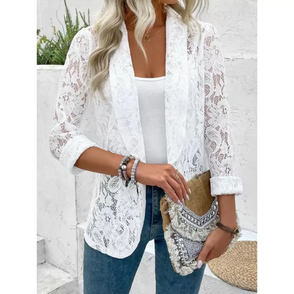 WDIRARA Women's Lace Open Front Long Sleeve Sheer Elegant Casual Blazer Jacket