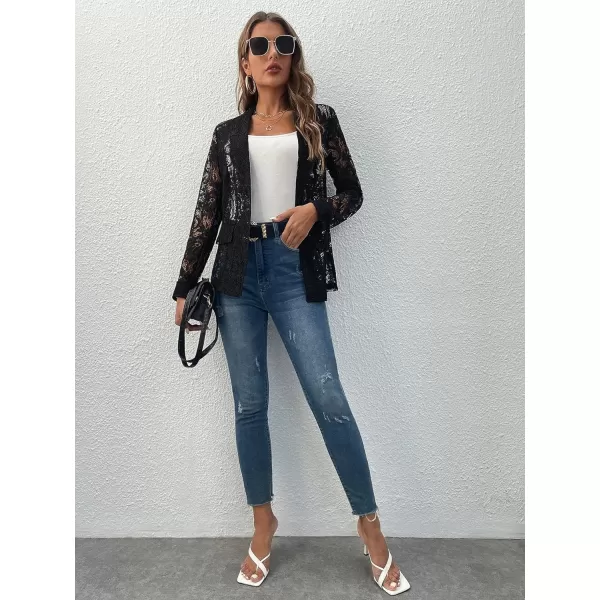 WDIRARA Women's Lace Open Front Long Sleeve Sheer Elegant Casual Blazer Jacket