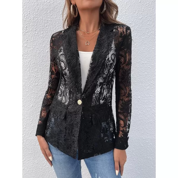 WDIRARA Women's Lace Open Front Long Sleeve Sheer Elegant Casual Blazer Jacket