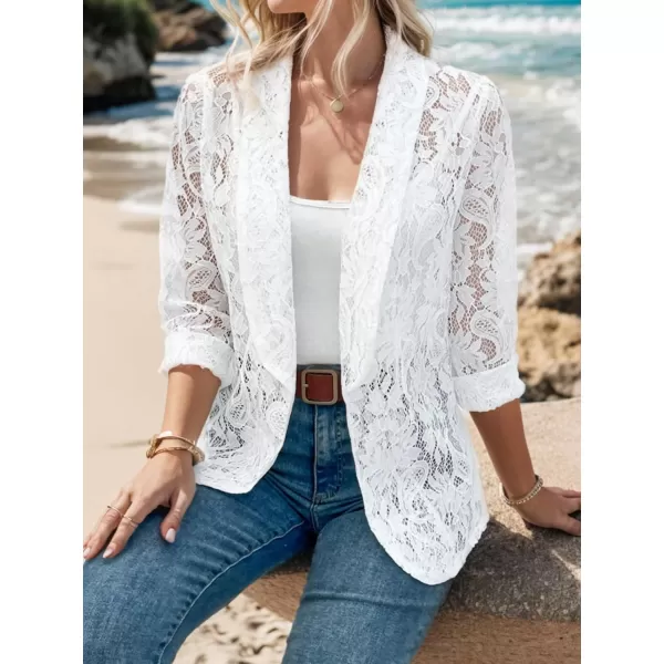 WDIRARA Women's Lace Open Front Long Sleeve Sheer Elegant Casual Blazer Jacket