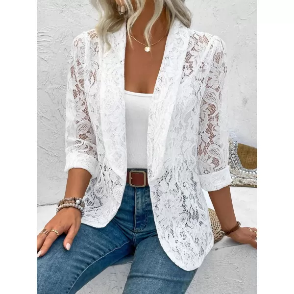 WDIRARA Women's Lace Open Front Long Sleeve Sheer Elegant Casual Blazer Jacket