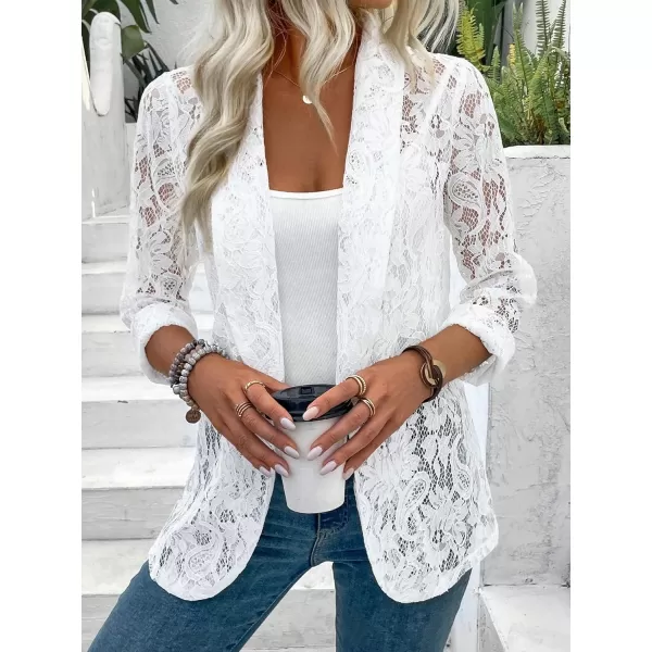 WDIRARA Women's Lace Open Front Long Sleeve Sheer Elegant Casual Blazer Jacket