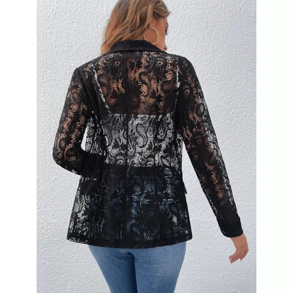 WDIRARA Women's Lace Open Front Long Sleeve Sheer Elegant Casual Blazer Jacket